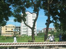 modern looking buildings look almost out of place on the city outskirts